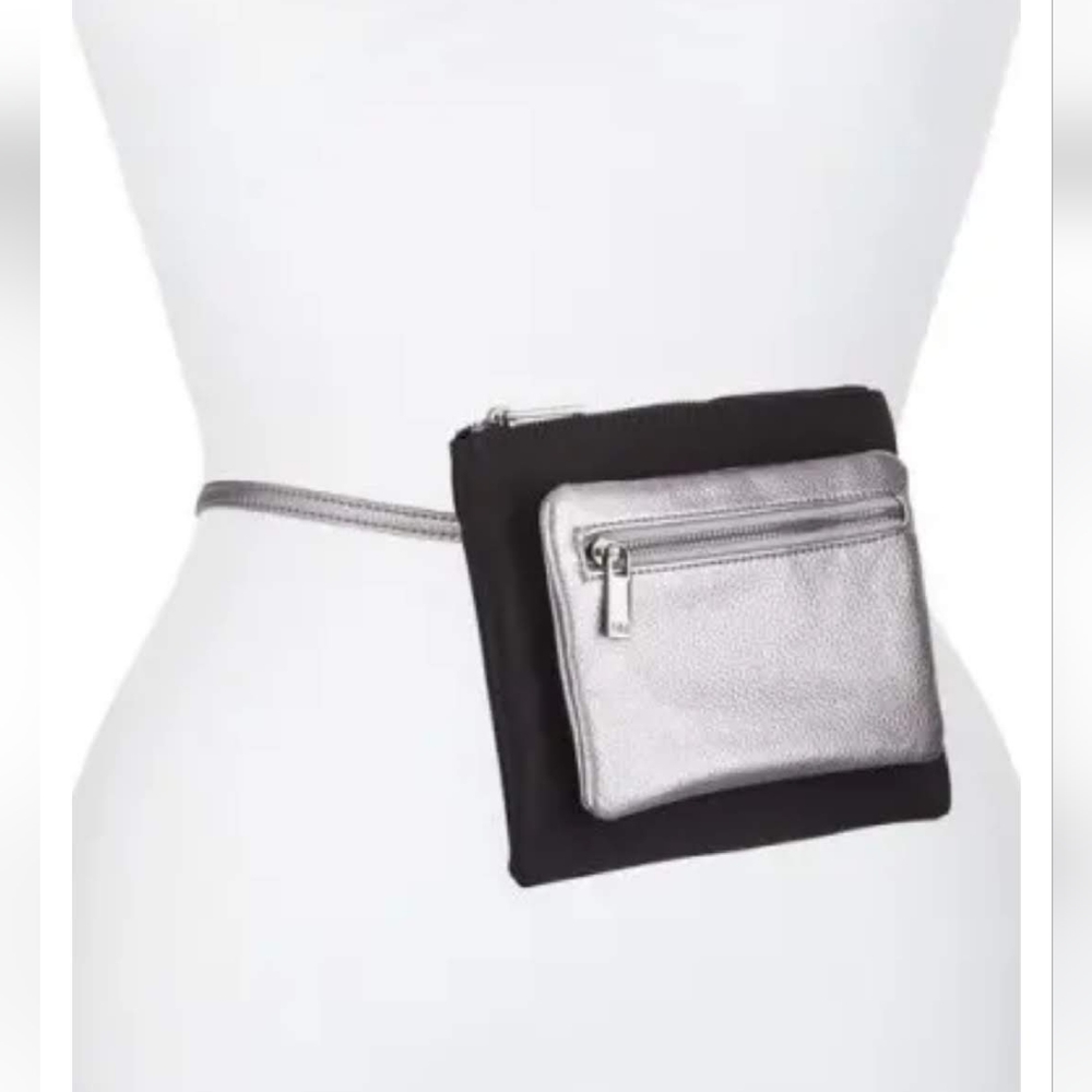 NWOT Neiman Marcus Black & Gunmetal Neoprene Belt Bag Sz XL